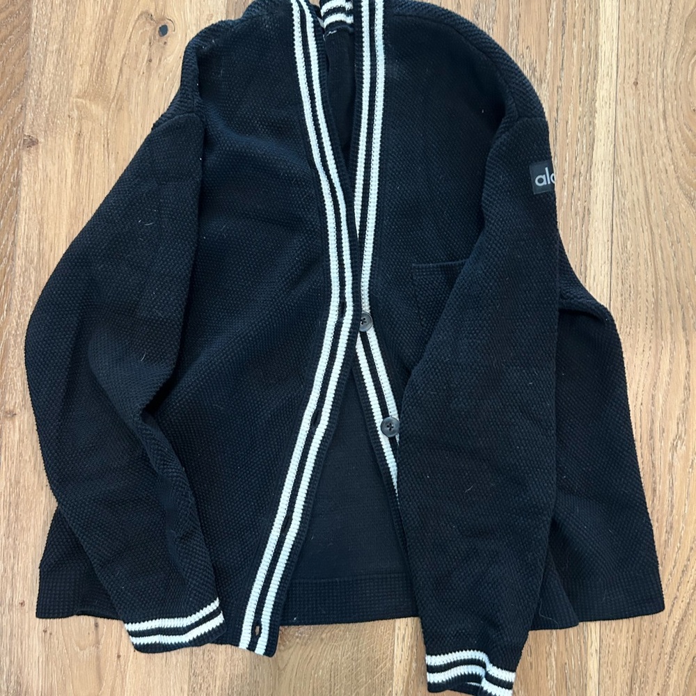 Alo Black Cardigan with White Stripes